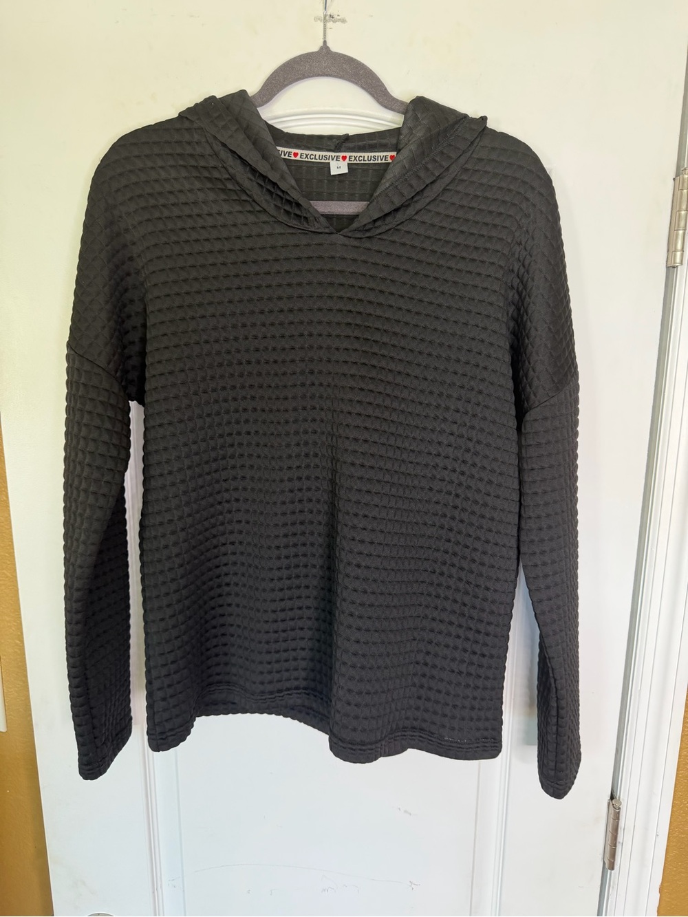 Exclusive❤️Women's Black Textured Waffle-Knit Hooded Pullover Sweatshirt Size M
